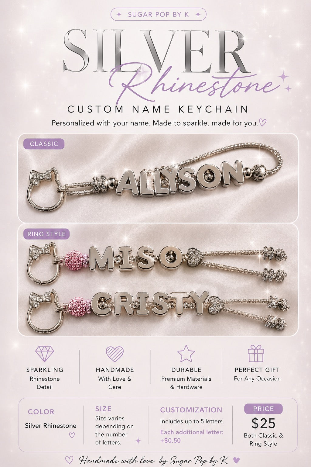 Silver Rhinestone Custom Name Keychain