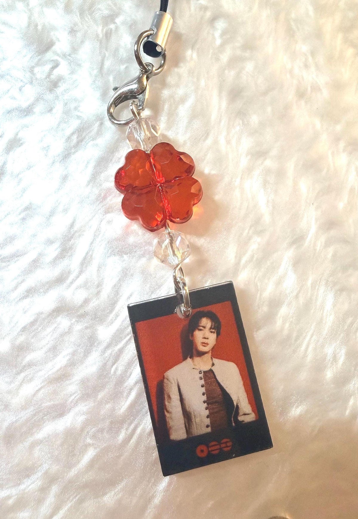 K-Pop Mini Photo Phone Strap | Crystal Beaded Phone Charm | Lucky Four Leaf Clover Beads | K-Pop Fan Gift