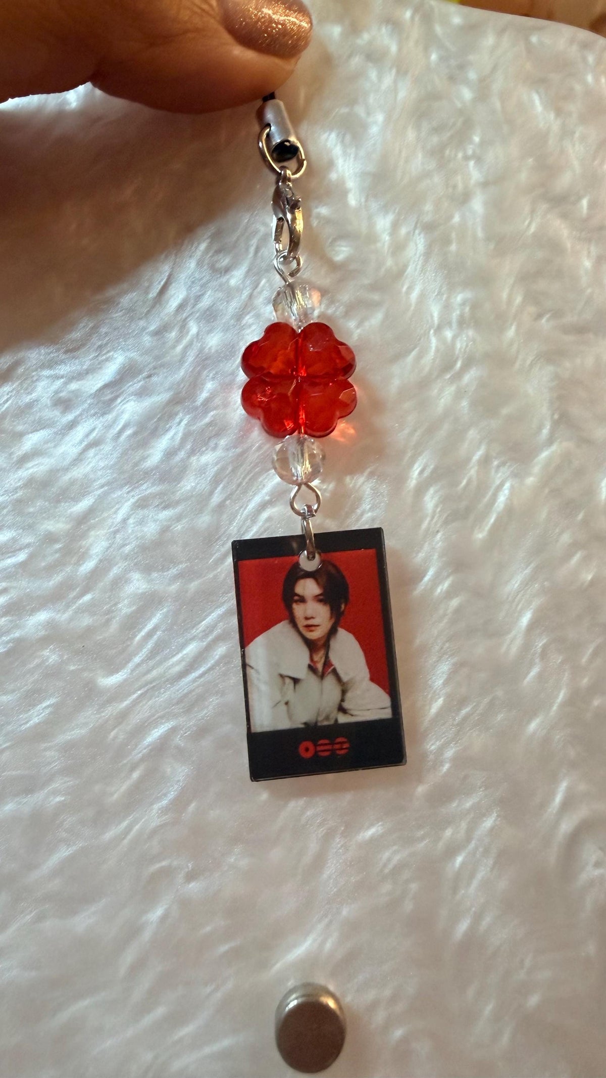 K-Pop Mini Photo Phone Strap | Crystal Beaded Phone Charm | Lucky Four Leaf Clover Beads | K-Pop Fan Gift
