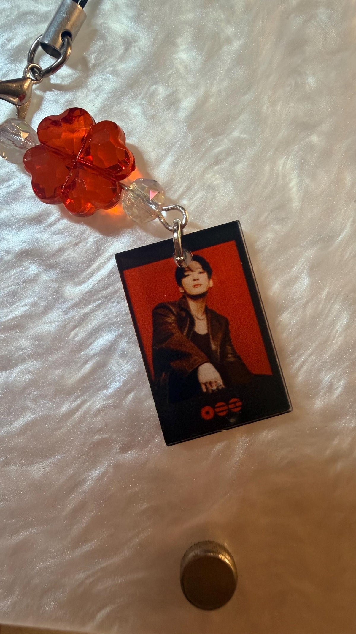 K-Pop Mini Photo Phone Strap | Crystal Beaded Phone Charm | Lucky Four Leaf Clover Beads | K-Pop Fan Gift