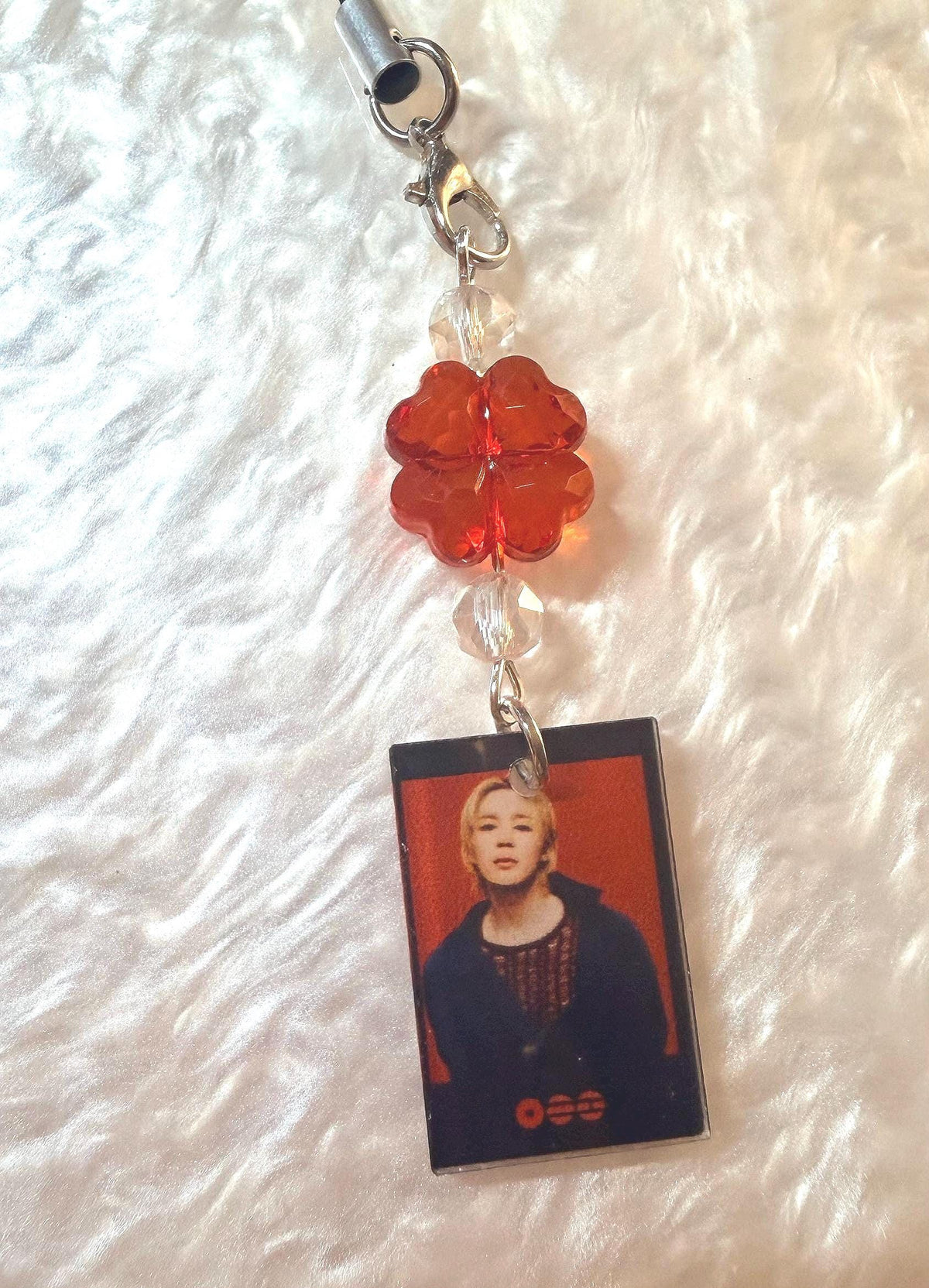 K-Pop Mini Photo Phone Strap | Crystal Beaded Phone Charm | Lucky Four Leaf Clover Beads | K-Pop Fan Gift