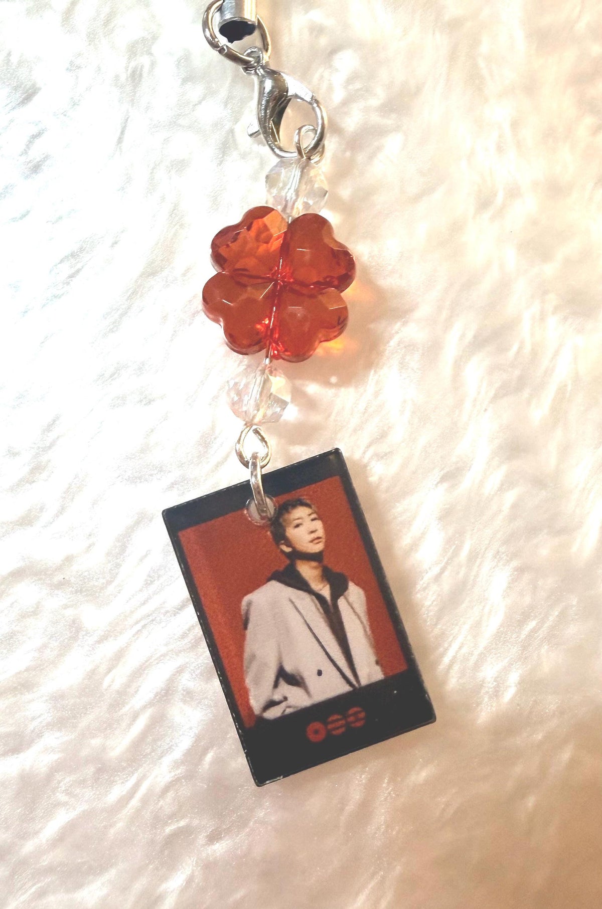 K-Pop Mini Photo Phone Strap | Crystal Beaded Phone Charm | Lucky Four Leaf Clover Beads | K-Pop Fan Gift