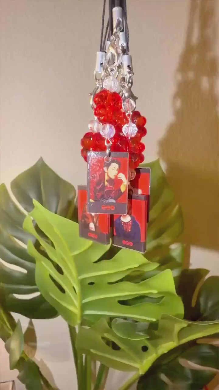 K-Pop Mini Photo Phone Strap | Crystal Beaded Phone Charm | Lucky Four Leaf Clover Beads | K-Pop Fan Gift